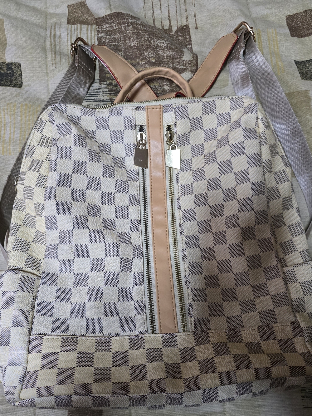 Checkered Fashion Backpack Purse Cream & Gray Dual Front Zip Bag